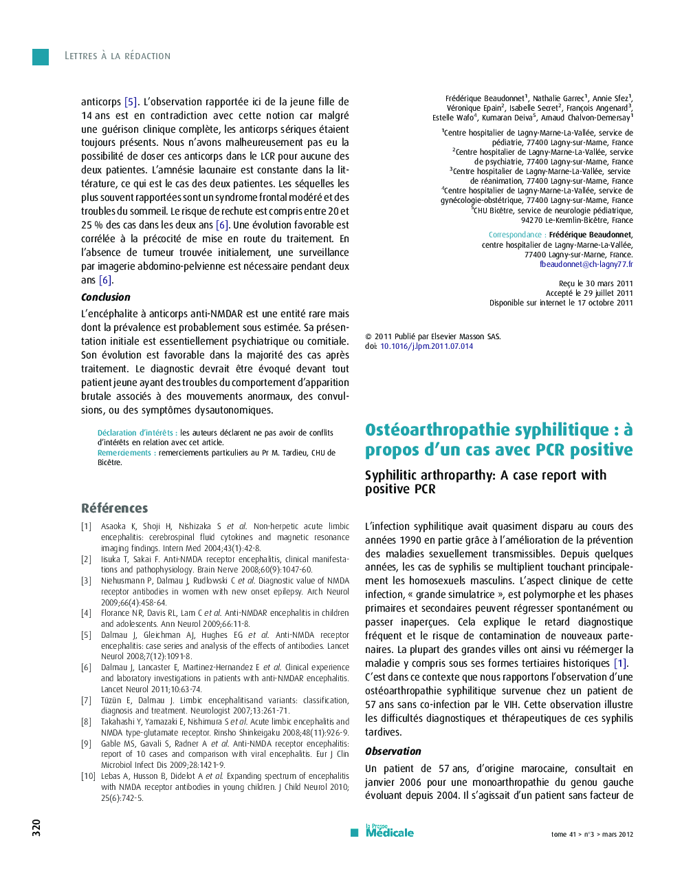 Ostéoarthropathie syphilitiqueÂ : Ã  propos d'un cas avec PCR positive