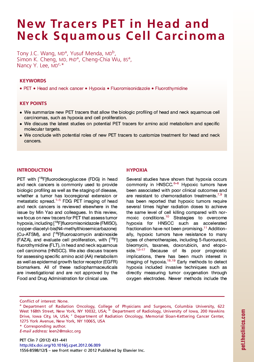 New Tracers PET in Head and Neck Squamous Cell Carcinoma