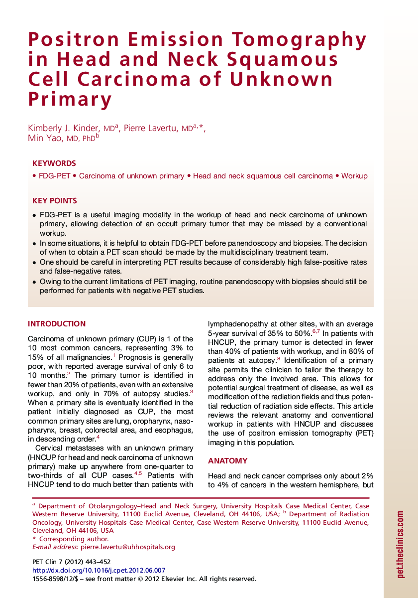 Positron Emission Tomography in Head and Neck Squamous Cell Carcinoma of Unknown Primary