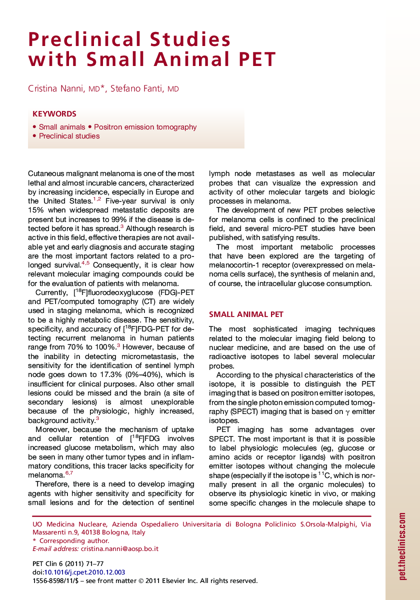 Preclinical Studies with Small Animal PET