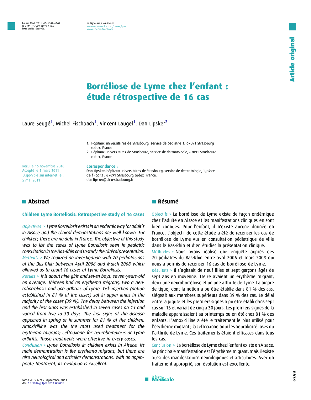 Borréliose de Lyme chez l’enfant : étude rétrospective de 16 cas