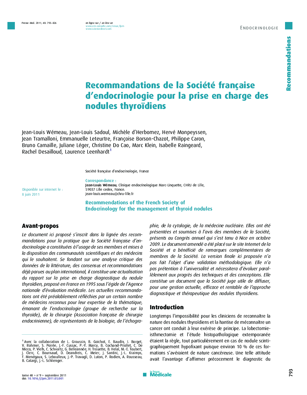 Recommandations de la Société française d'endocrinologie pour la prise en charge des nodules thyroïdiens