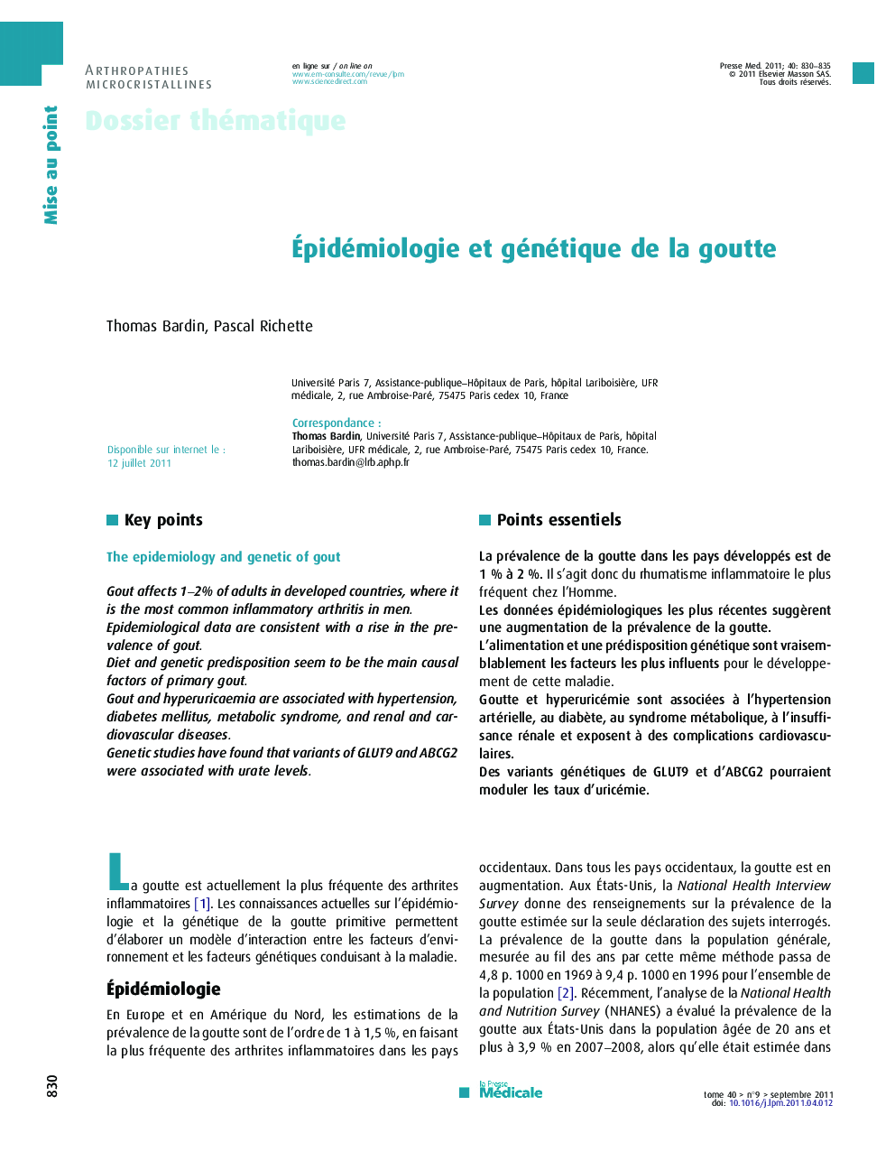 Épidémiologie et génétique de la goutte
