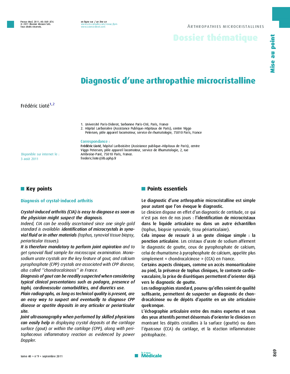 Diagnostic d’une arthropathie microcristalline