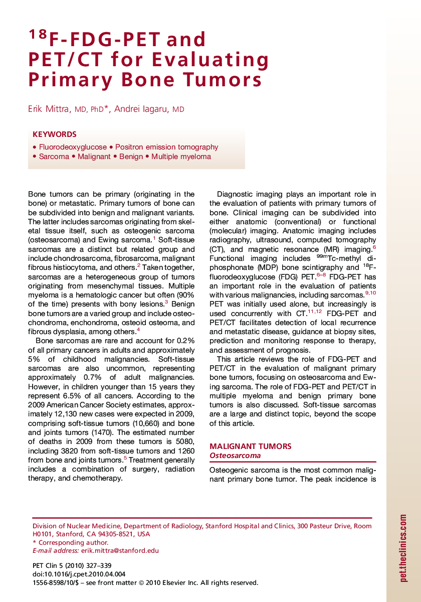 18F-FDG-PET and PET/CT for Evaluating Primary Bone Tumors