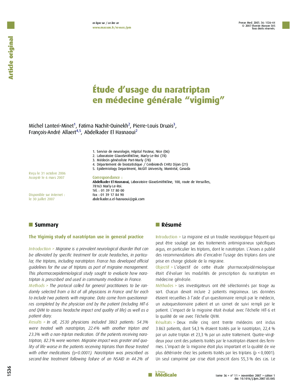 Étude d'usage du naratriptan en médecine générale “vigimig”