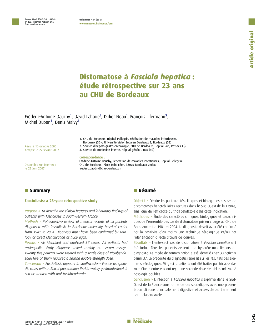 Distomatose Ã Â FasciolaÂ hepaticaÂ : étude rétrospective surÂ 23Â ans auÂ CHU deÂ Bordeaux