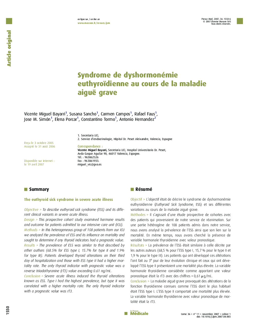 Syndrome de dyshormonémie euthyroïdienne au cours de la maladie aiguë grave