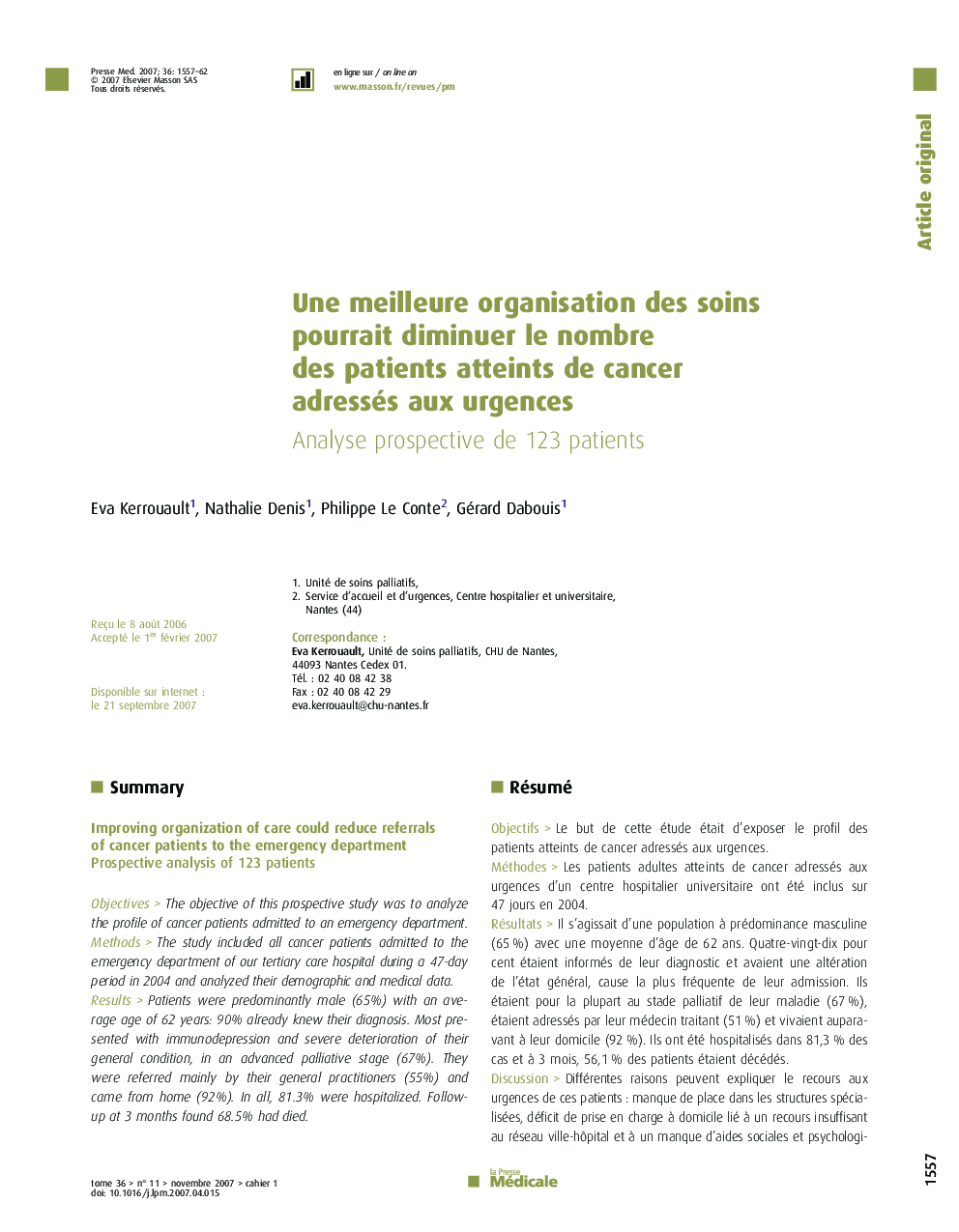 Une meilleure organisation des soins pourrait diminuer le nombre des patients atteints de cancer adressés aux urgences: Analyse prospective de 123 patients
