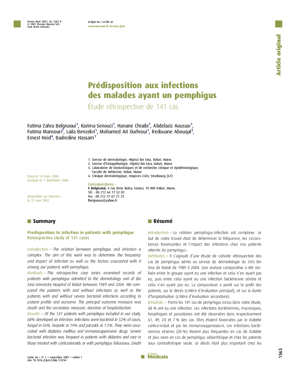Prédisposition aux infections des malades ayant un pemphigus: Étude rétrospective de 141 cas