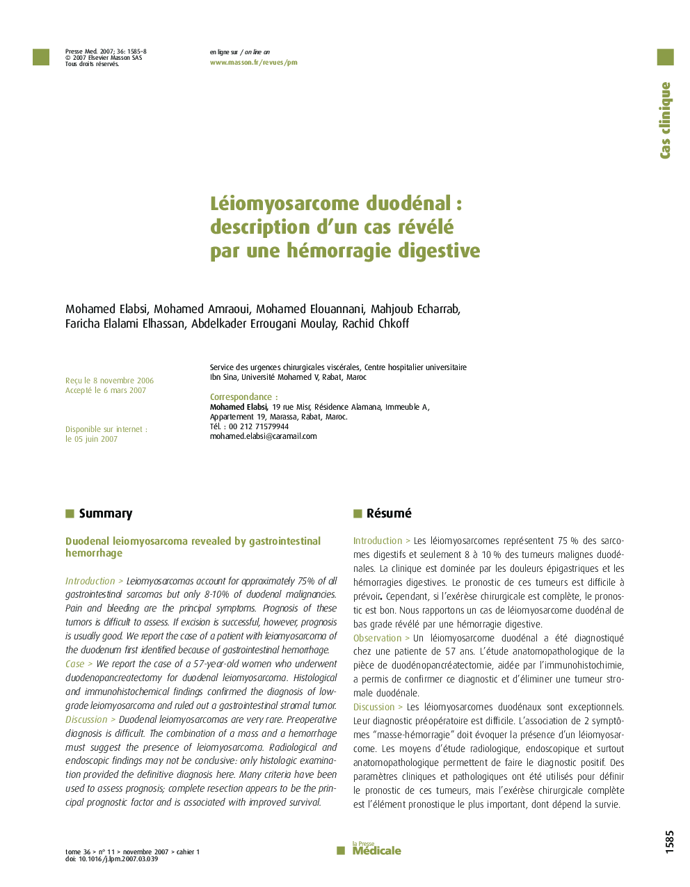 Léiomyosarcome duodénal : description d'un cas révélé par une hémorragie digestive