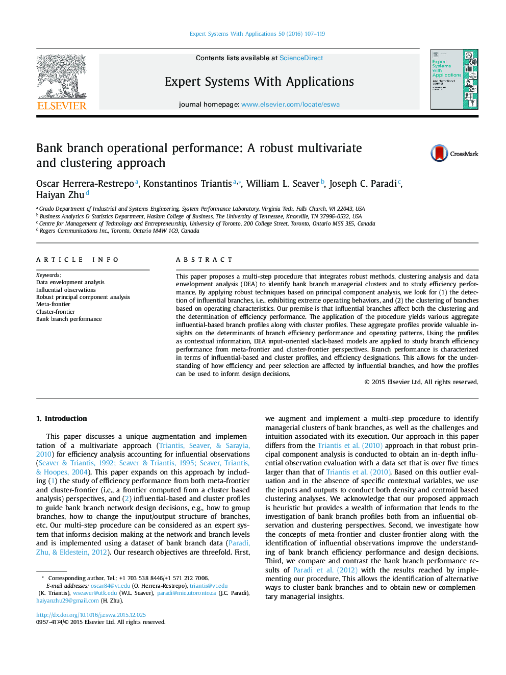 Bank branch operational performance: A robust multivariate and clustering approach
