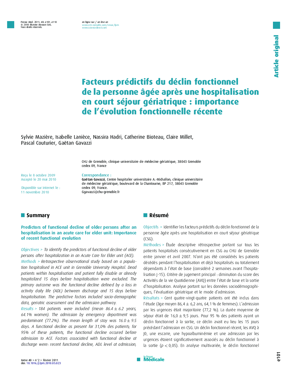 Facteurs prédictifs du déclin fonctionnel de la personne âgée après une hospitalisation en court séjour gériatrique : importance de l’évolution fonctionnelle récente