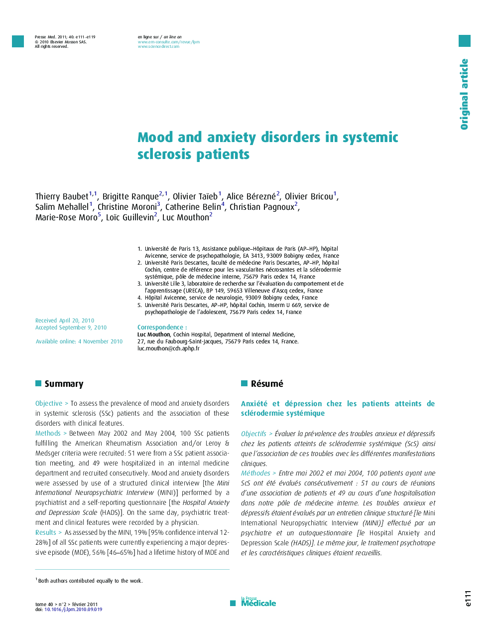 Mood and anxiety disorders in systemic sclerosis patients