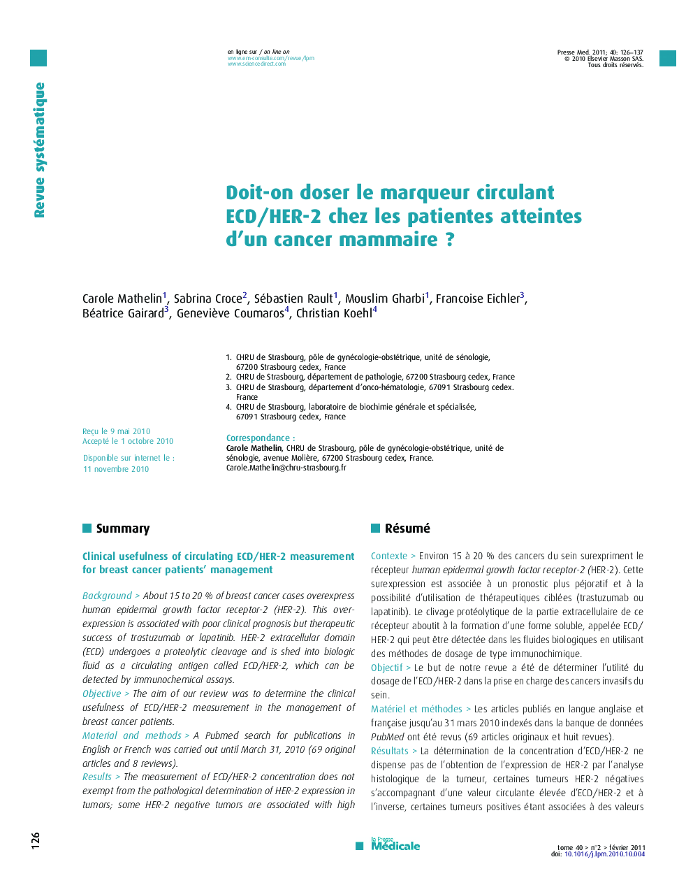 Doit-on doser le marqueur circulant ECD/HER-2 chez les patientes atteintes d’un cancer mammaire ?