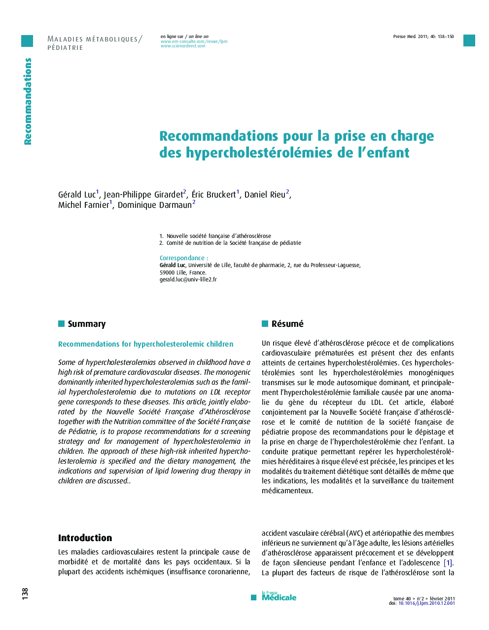 Recommandations pour la prise en charge des hypercholestérolémies de l'enfant