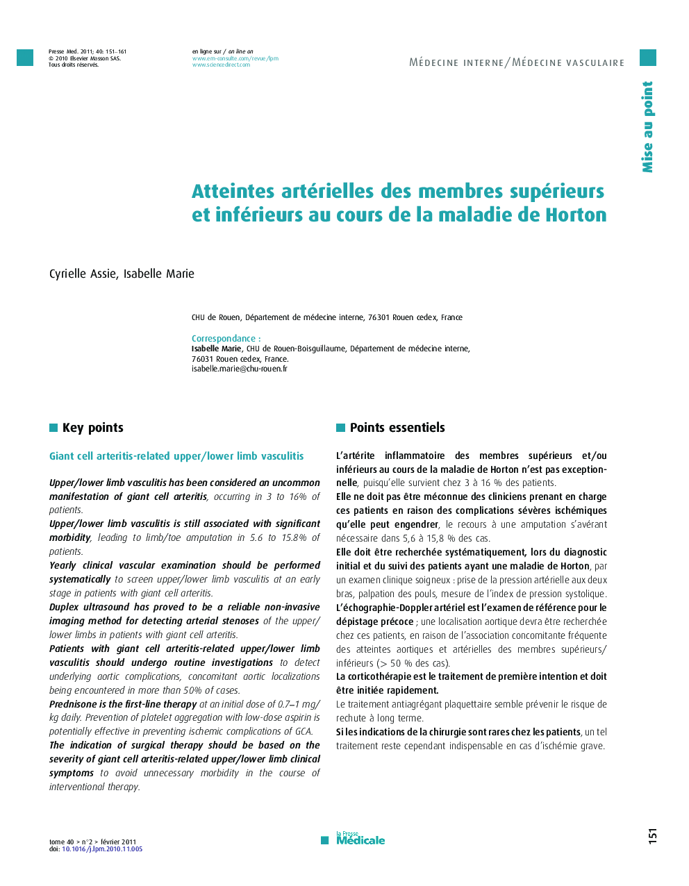 Atteintes artérielles des membres supérieurs et inférieurs au cours de la maladie de Horton