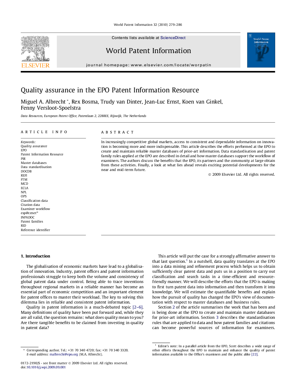 Quality assurance in the EPO Patent Information Resource