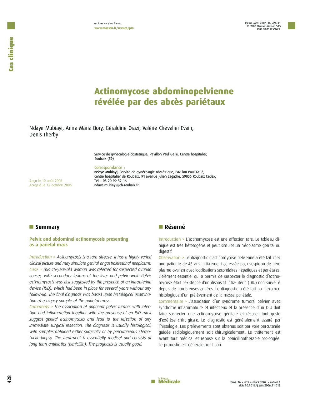 Actinomycose abdominopelvienne révélée parÂ desÂ abcÃ¨s pariétaux