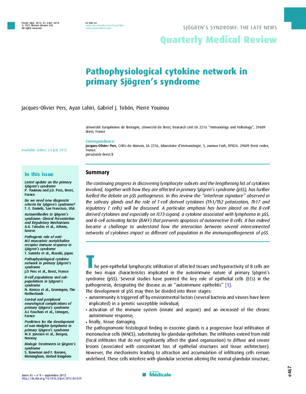 Pathophysiological cytokine network in primary Sjögren's syndrome