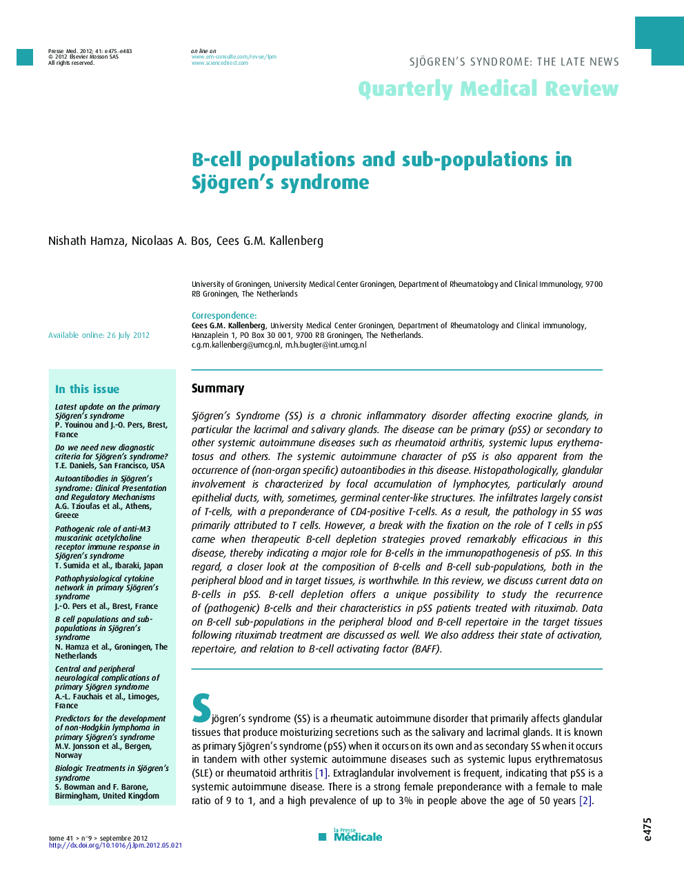 B-cell populations and sub-populations in Sjögren's syndrome