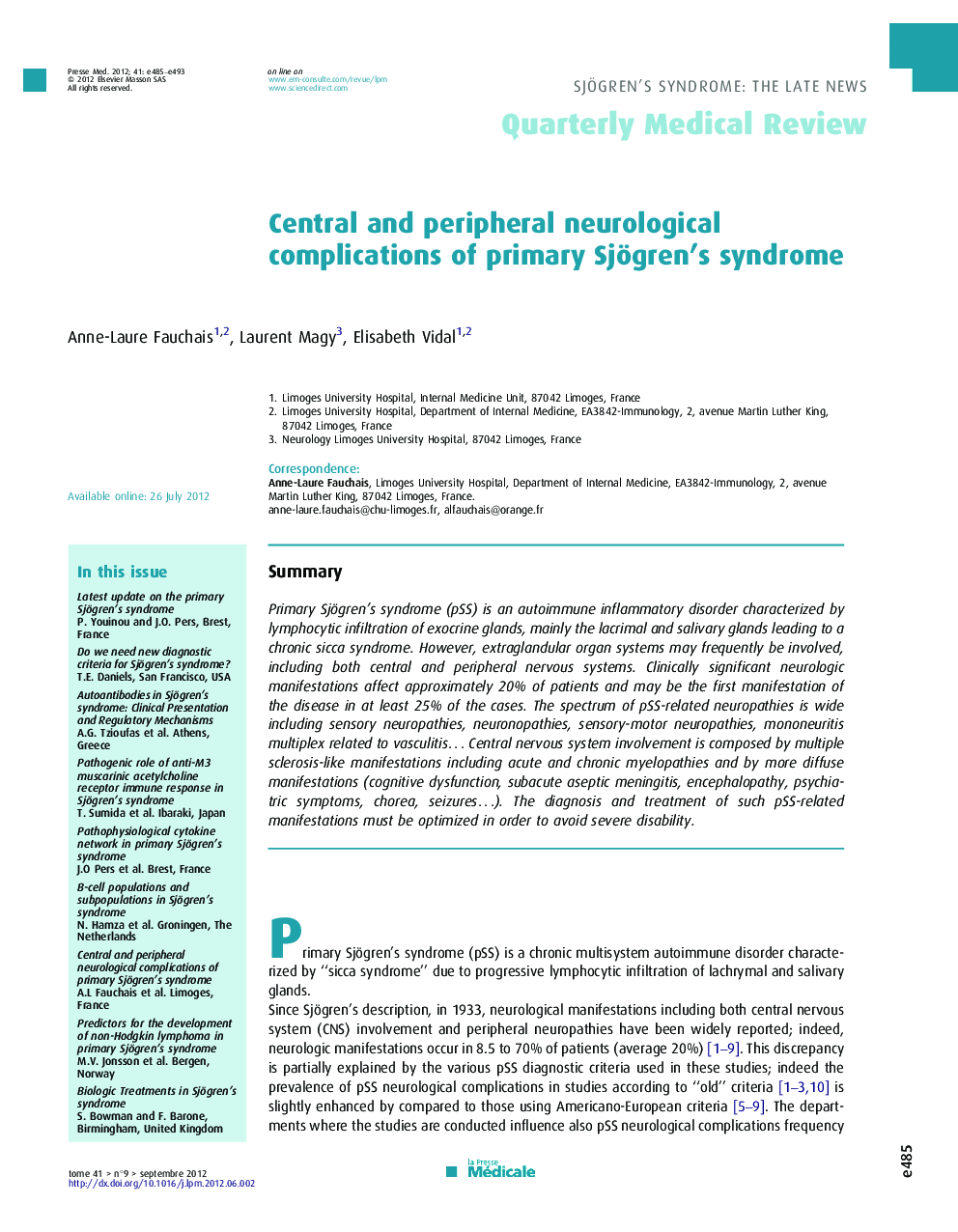 Central and peripheral neurological complications of primary Sjögren's syndrome
