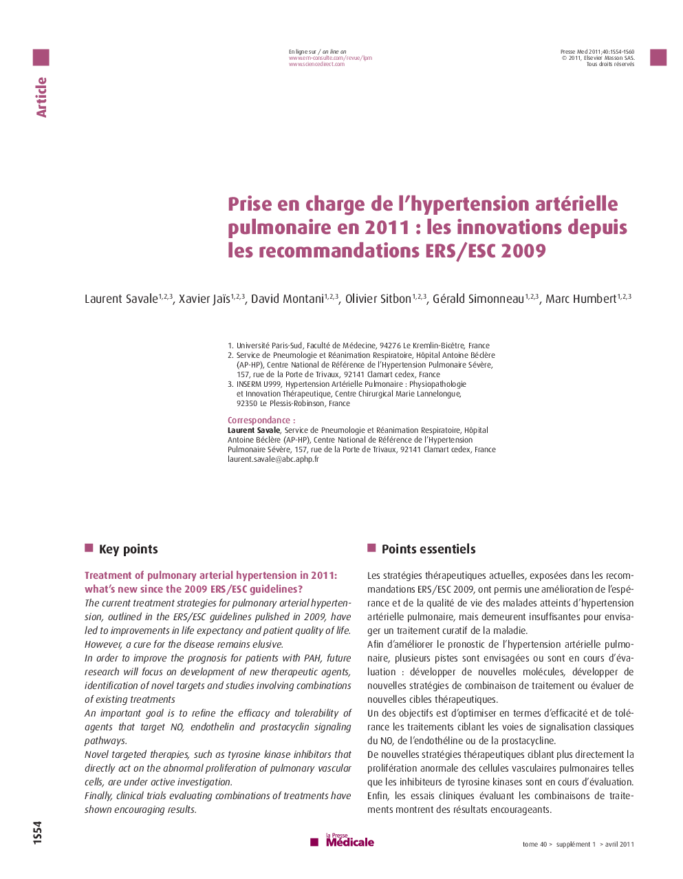 Prise en charge de l'hypertension artérielle pulmonaire en 2011 : les innovations depuis les recommandations ERS/ESC 2009