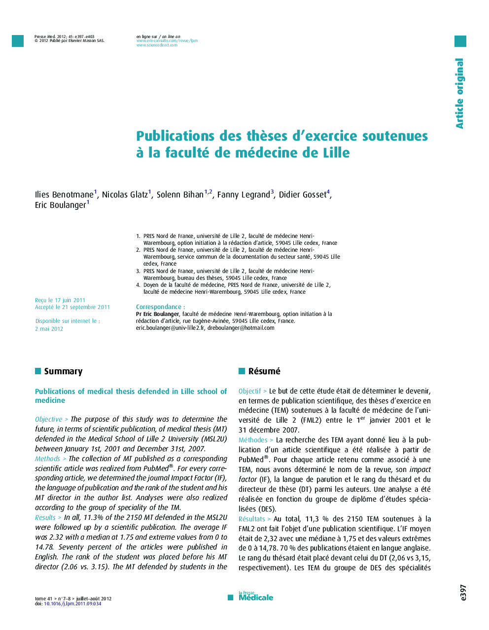 عکس صفحه اول مقاله: Publications des thèses d’exercice soutenues à la faculté de médecine de Lille Publications des thèses d’exercice soutenues à la faculté de médecine de Lille