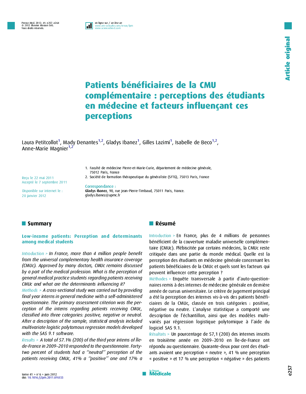 Patients bénéficiaires de la CMU complémentaire : perceptions des étudiants en médecine et facteurs influençant ces perceptions