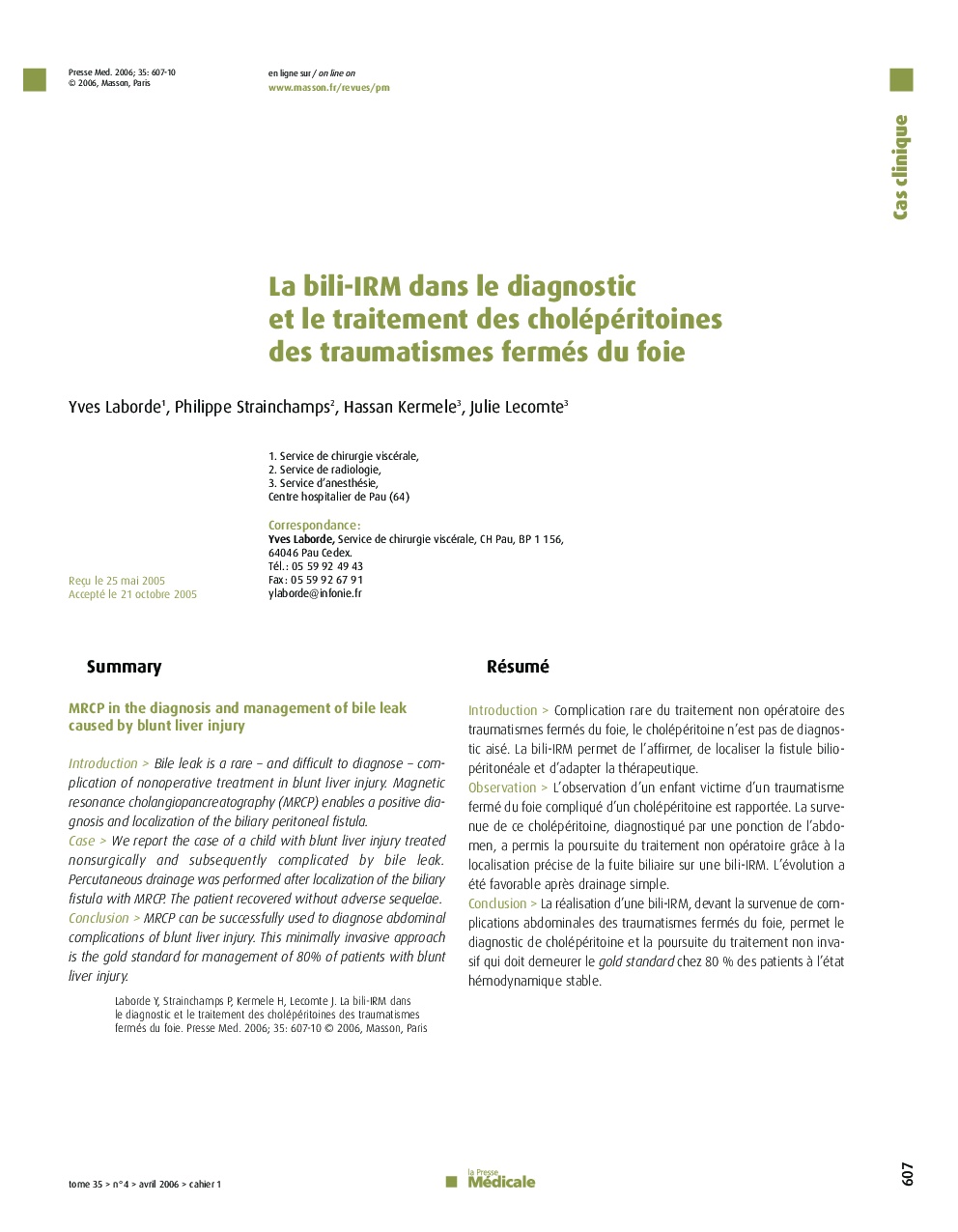 La bili-IRM dans le diagnostic et le traitement des cholépéritoines des traumatismes fermés du foie