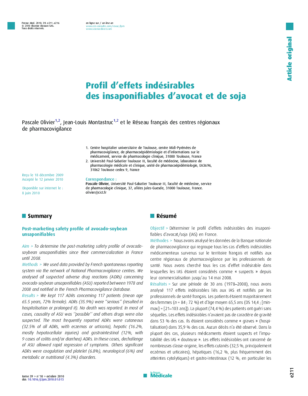 Profil d’effets indésirables des insaponifiables d’avocat et de soja