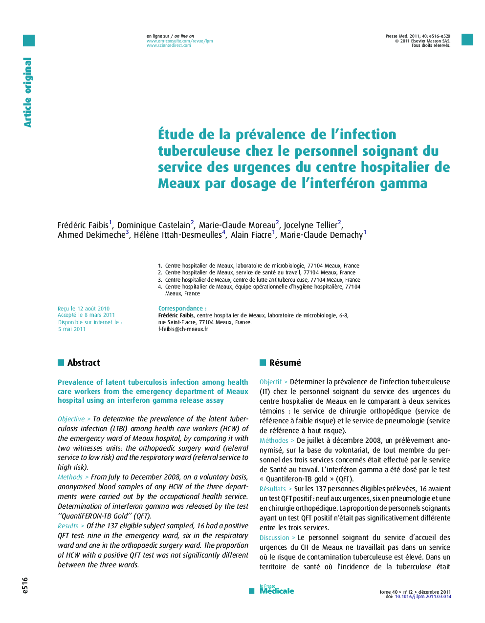 Étude de la prévalence de l’infection tuberculeuse chez le personnel soignant du service des urgences du centre hospitalier de Meaux par dosage de l’interféron gamma