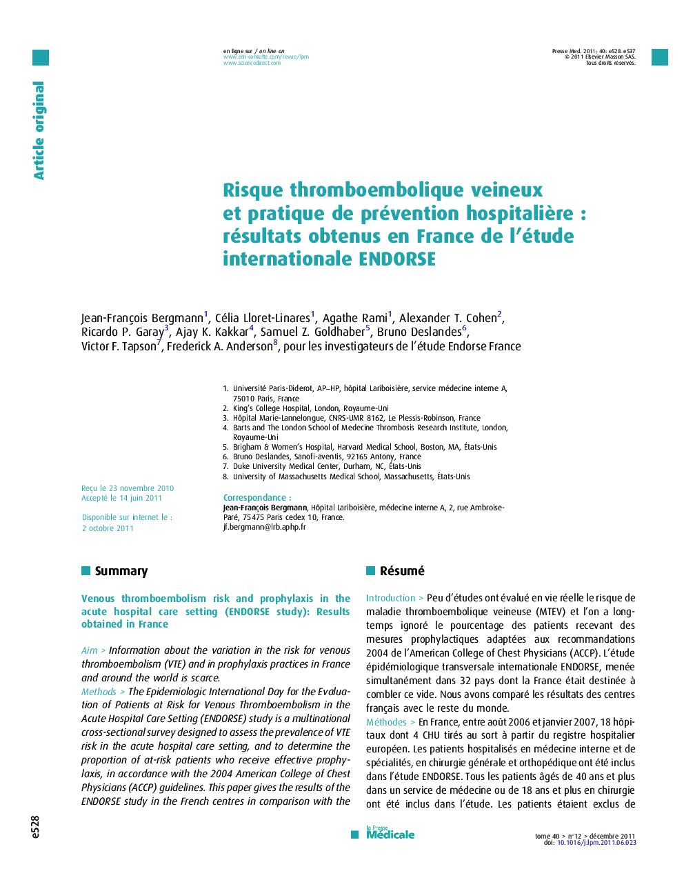 Risque thromboembolique veineux et pratique de prévention hospitalière : résultats obtenus en France de l’étude internationale ENDORSE
