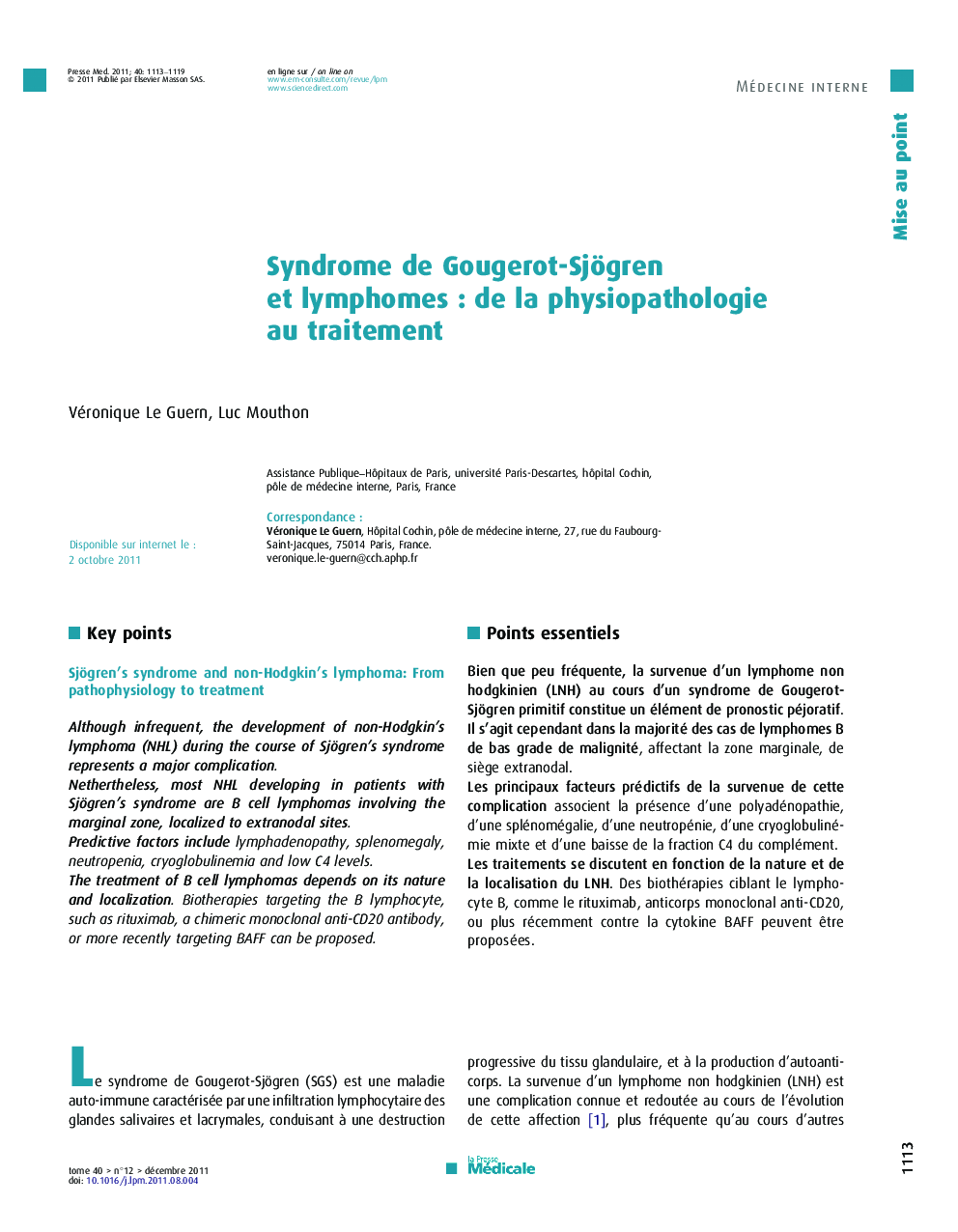 Syndrome de Gougerot-Sjögren et lymphomes : de la physiopathologie au traitement