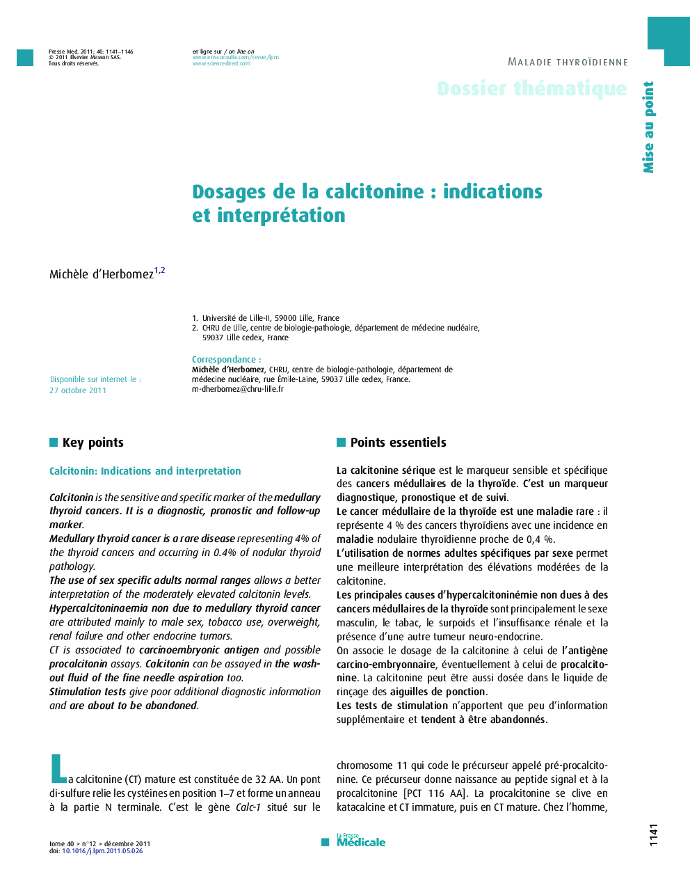 عکس صفحه اول مقاله: Dosages de la calcitonine : indications et interprétation Dosages de la calcitonine : indications et interprétation