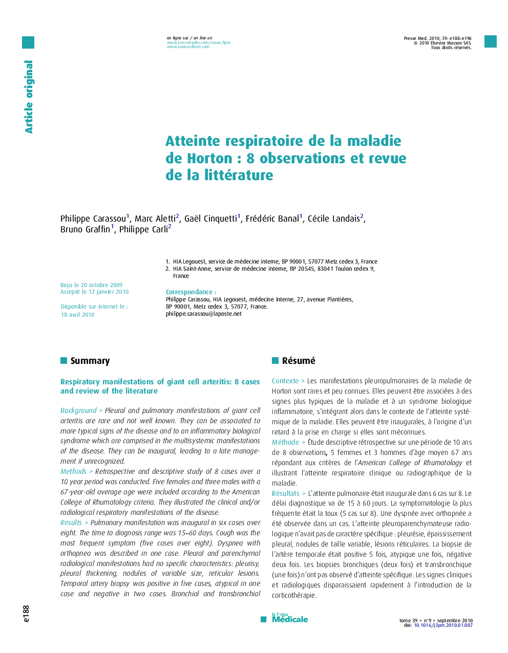 Atteinte respiratoire de la maladie de Horton : 8 observations et revue de la littérature