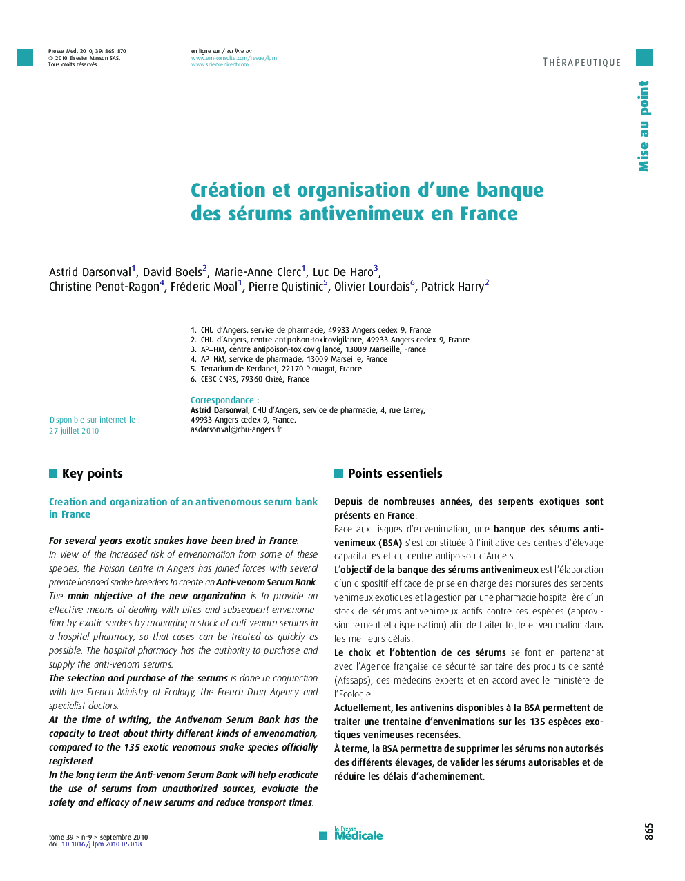 Création et organisation d’une banque des sérums antivenimeux en France