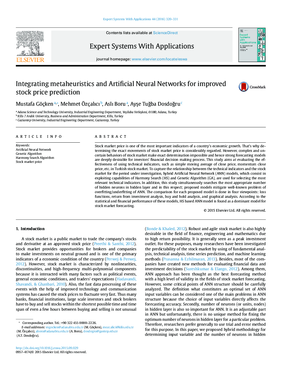 Integrating metaheuristics and Artificial Neural Networks for improved stock price prediction