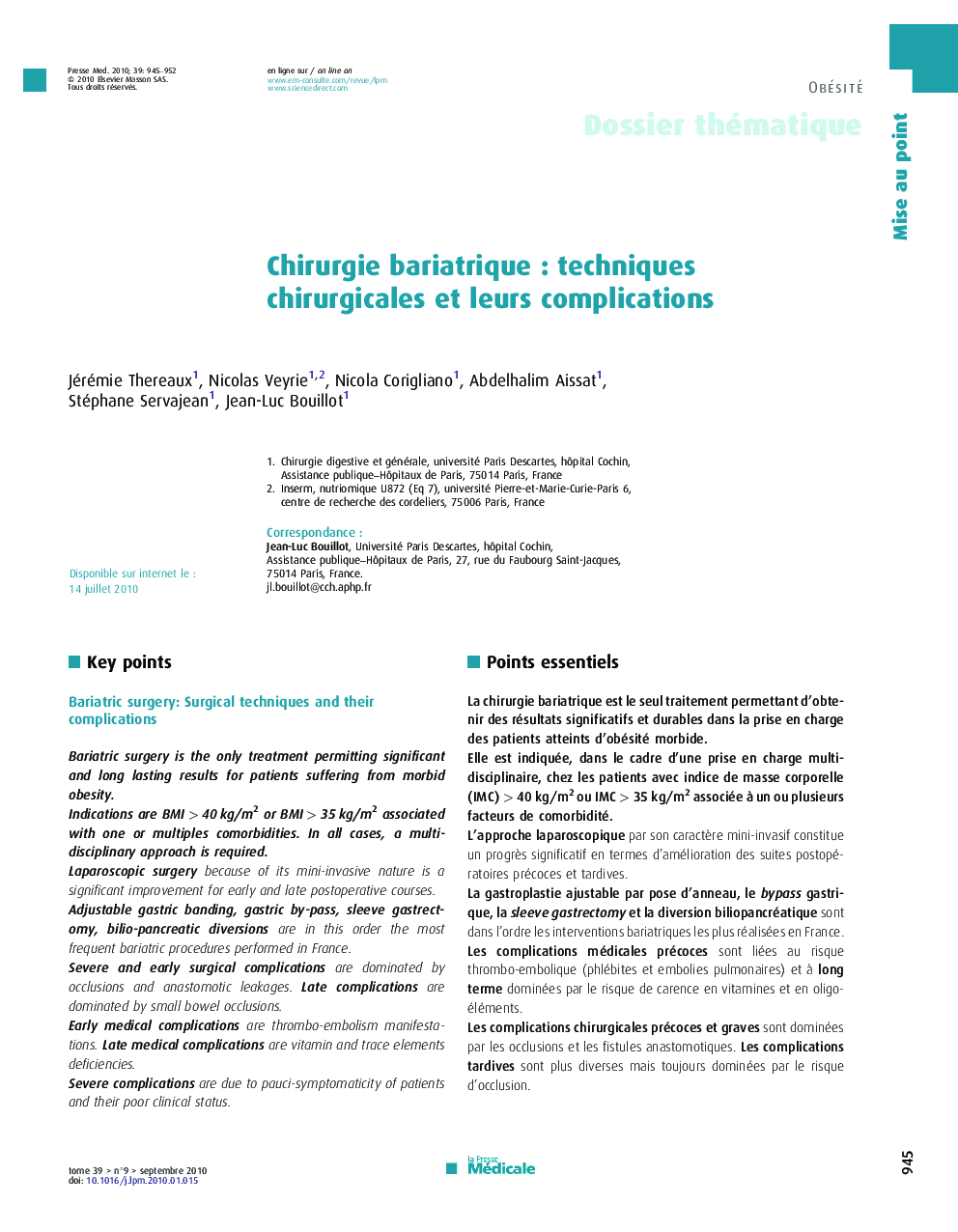 Chirurgie bariatrique : techniques chirurgicales et leurs complications