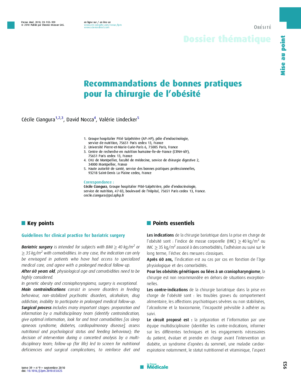 Recommandations de bonnes pratiques pour la chirurgie de l’obésité