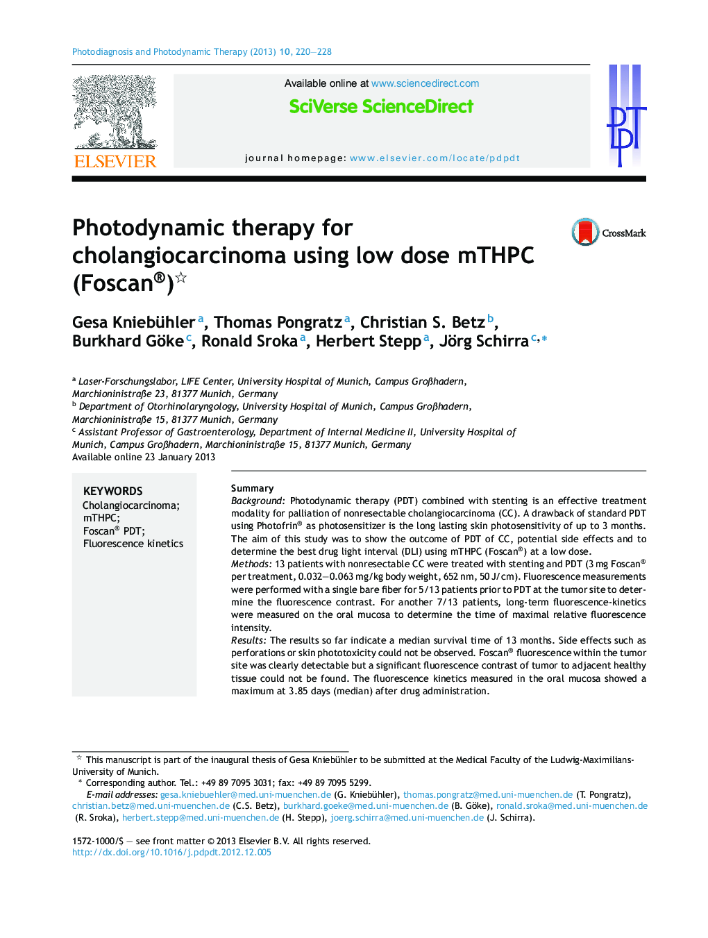 Photodynamic therapy for cholangiocarcinoma using low dose mTHPC (Foscan®) 