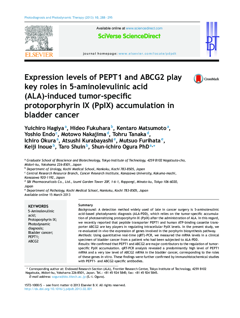 Expression levels of PEPT1 and ABCG2 play key roles in 5-aminolevulinic acid (ALA)-induced tumor-specific protoporphyrin IX (PpIX) accumulation in bladder cancer
