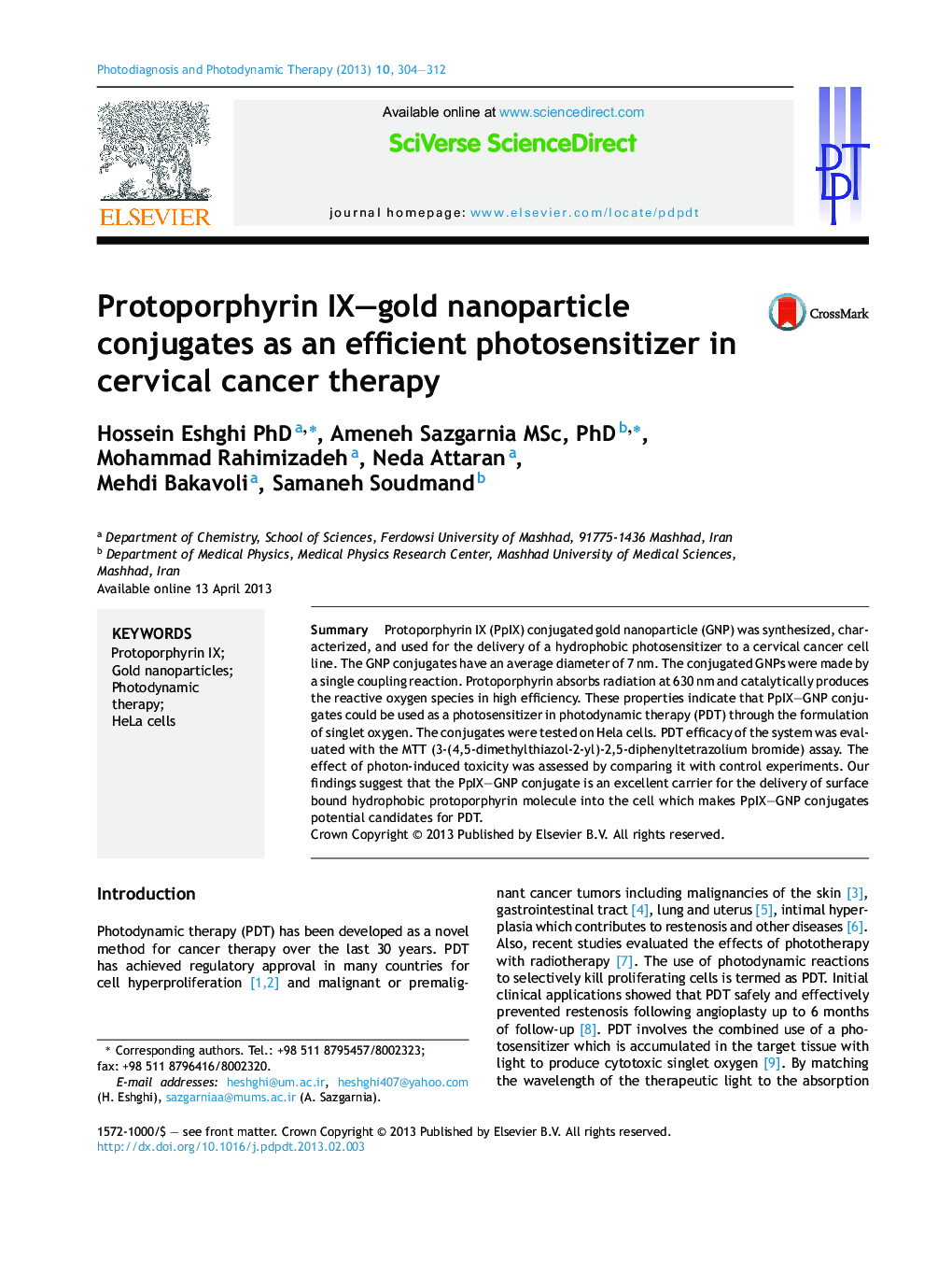 Protoporphyrin IX–gold nanoparticle conjugates as an efficient photosensitizer in cervical cancer therapy