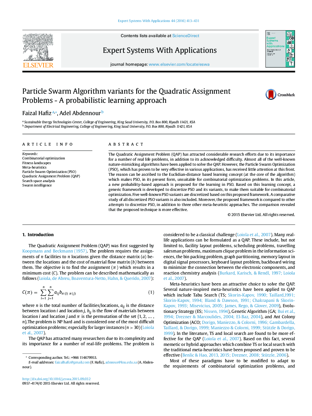 Particle Swarm Algorithm variants for the Quadratic Assignment Problems - A probabilistic learning approach
