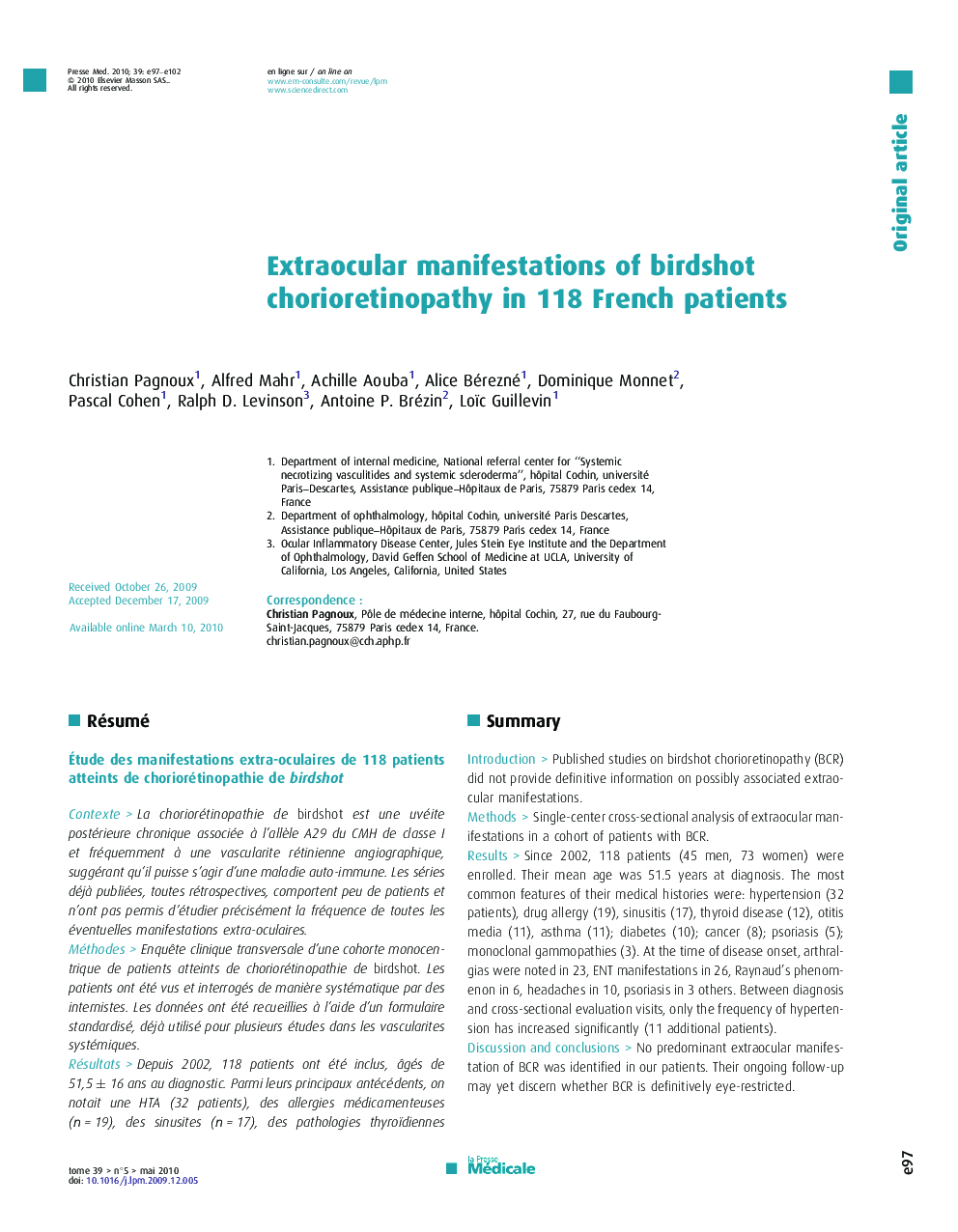 Extraocular manifestations of birdshot chorioretinopathy in 118 French patients