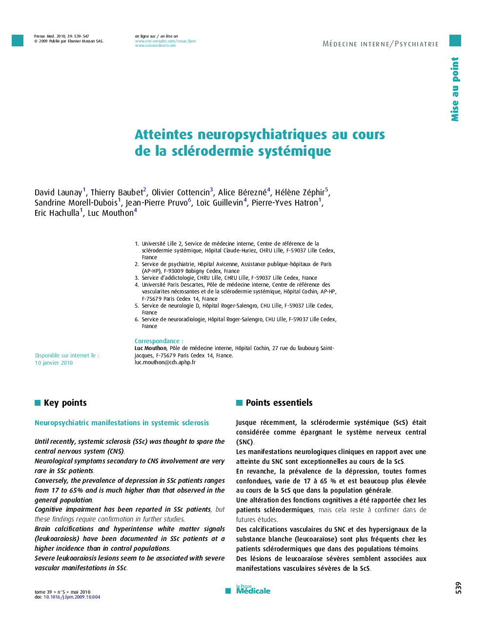 Atteintes neuropsychiatriques au cours de la sclérodermie systémique