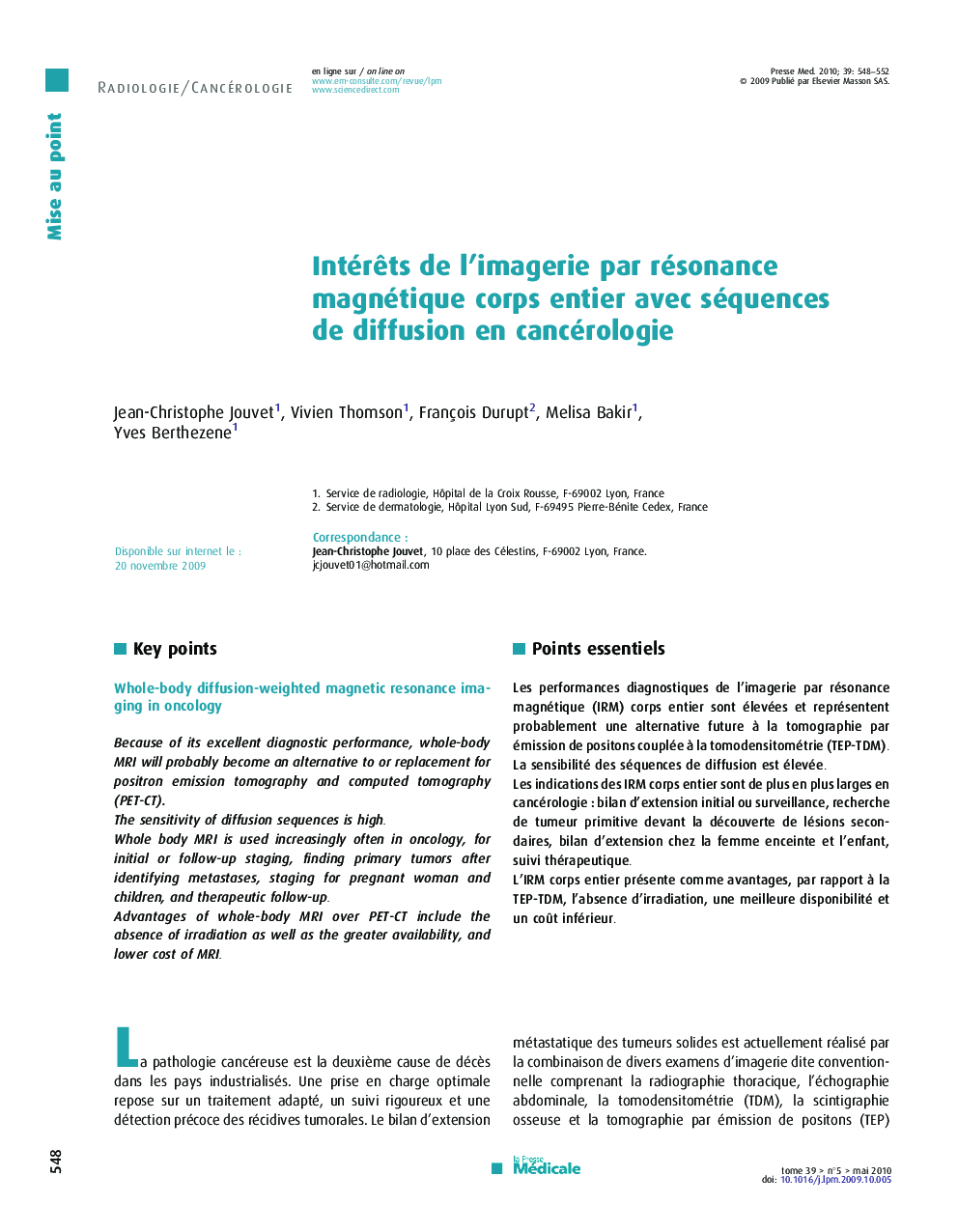 Intérêts de l’imagerie par résonance magnétique corps entier avec séquences de diffusion en cancérologie