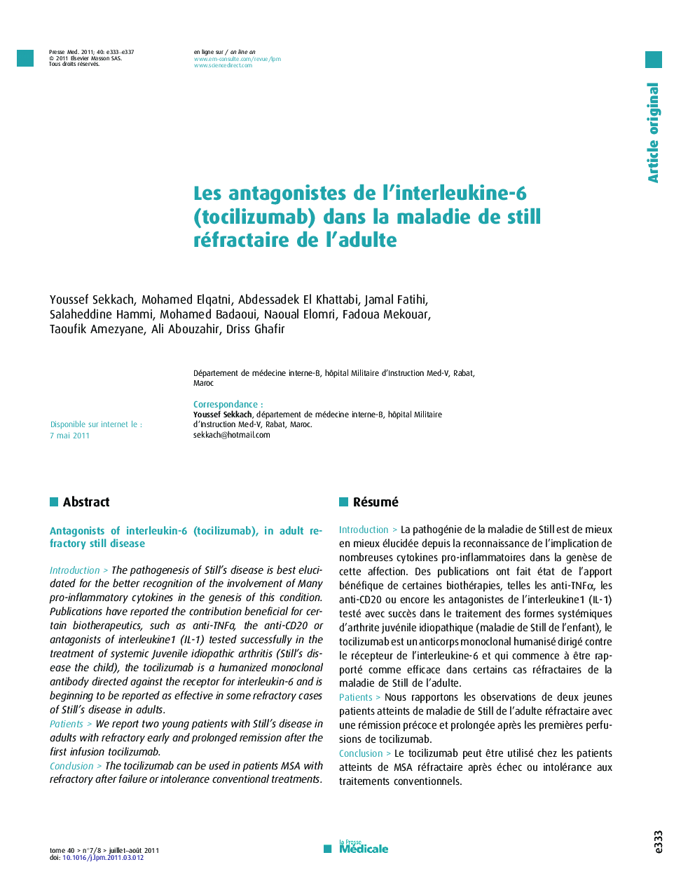 Les antagonistes de l’interleukine-6 (tocilizumab) dans la maladie de still réfractaire de l’adulte