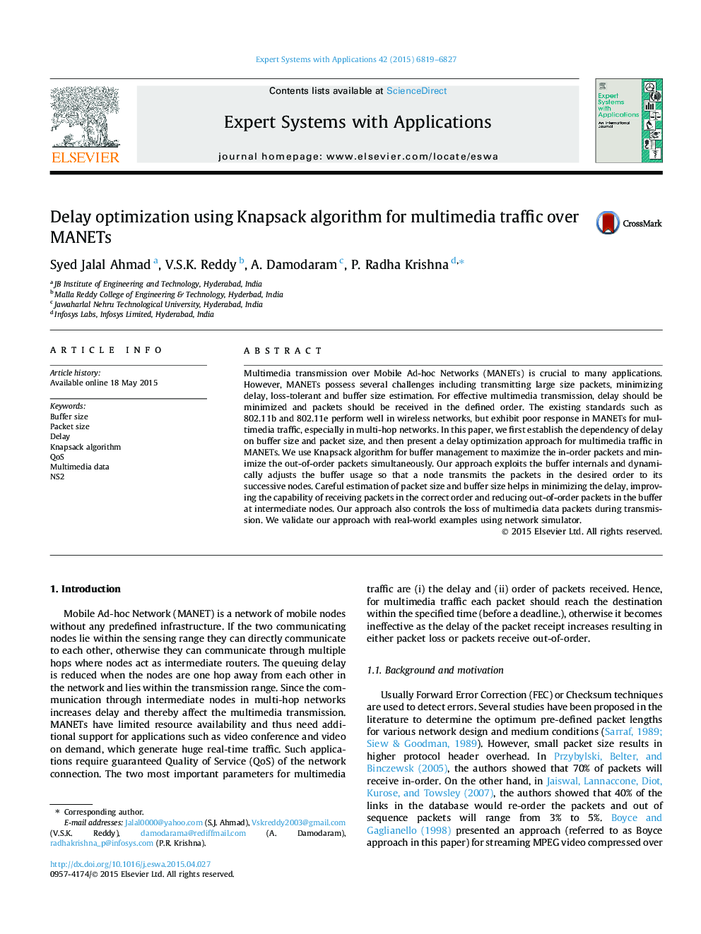 Delay optimization using Knapsack algorithm for multimedia traffic over MANETs