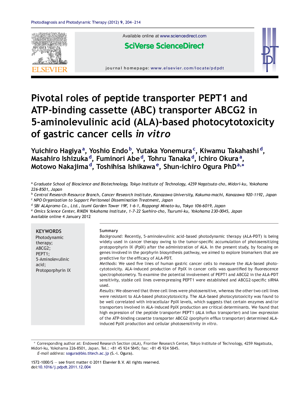 Pivotal roles of peptide transporter PEPT1 and ATP-binding cassette (ABC) transporter ABCG2 in 5-aminolevulinic acid (ALA)-based photocytotoxicity of gastric cancer cells in vitro